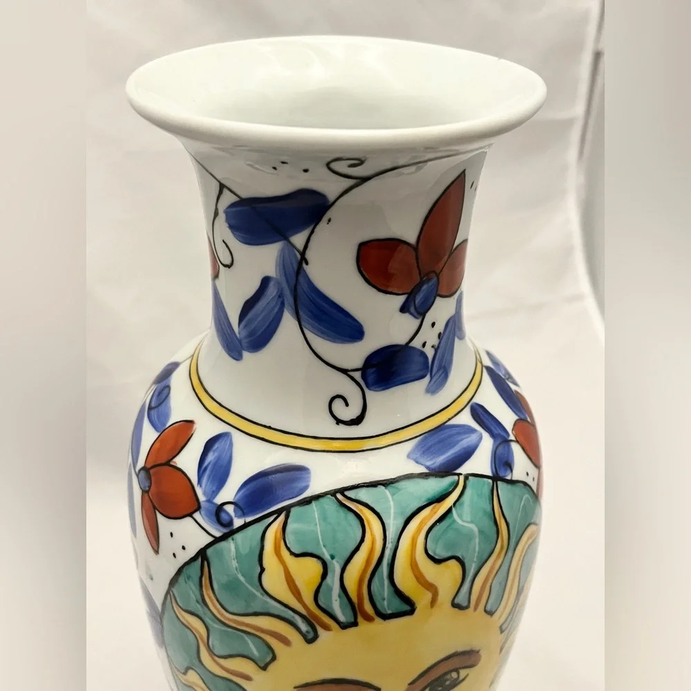 Hand-Painted Sunburst Ceramic Vase, 12 inch tall, MCM Home Decor EUC